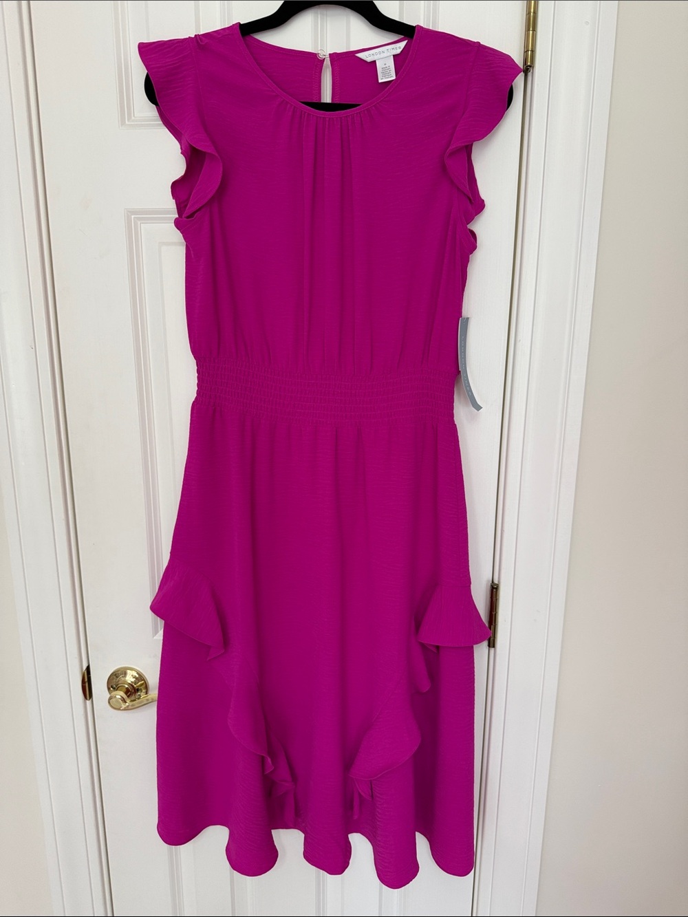 London Times Bright Magenta Ruffle Waist Casual Dress